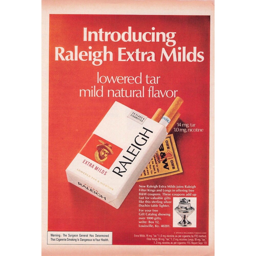 Vintage 1973 Raleigh Extra Milds Cigarettes Tobacco Print Ad orange wall decor